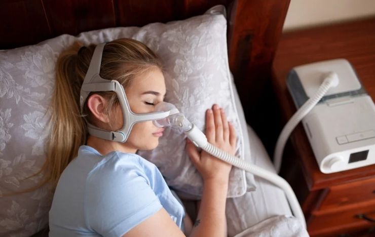 Woman sleeping with CPAP device.
